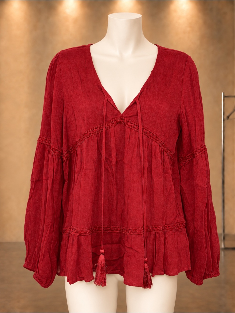 Promesa Red Boho Lace Tassel Blouse Medium NWT